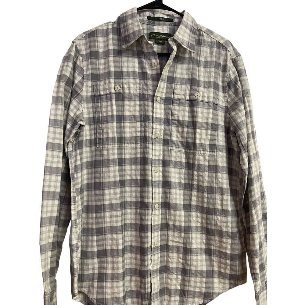 Eddie Bauer Men's Pockets Button-Up Long Sleeve Cotton Hi-Lo Plaid Shirt Size S